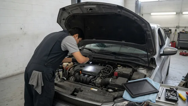 Technician inspecting a BMW engine bay while reviewing oil pressure diagnostic information