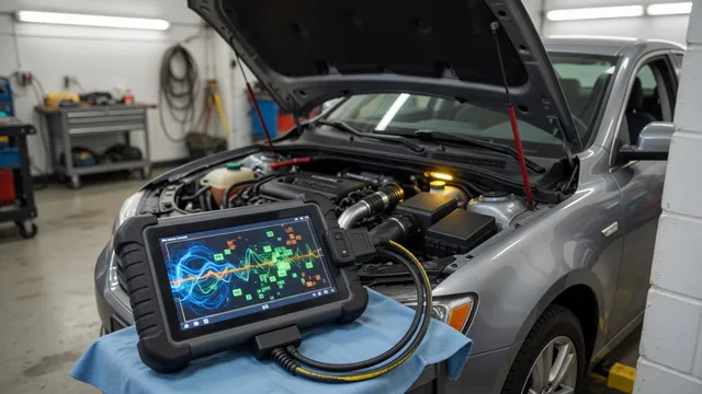 Diagnostic scan tool displaying P1320 beside a parked vehicle with its engine off