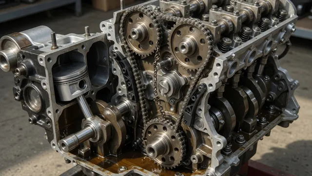 Engine cutaway showing a broken timing chain beside the crankshaft and camshaft sprockets