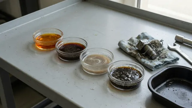 Differential fluid samples showing amber, dark brown, milky oil, and visible metal debris