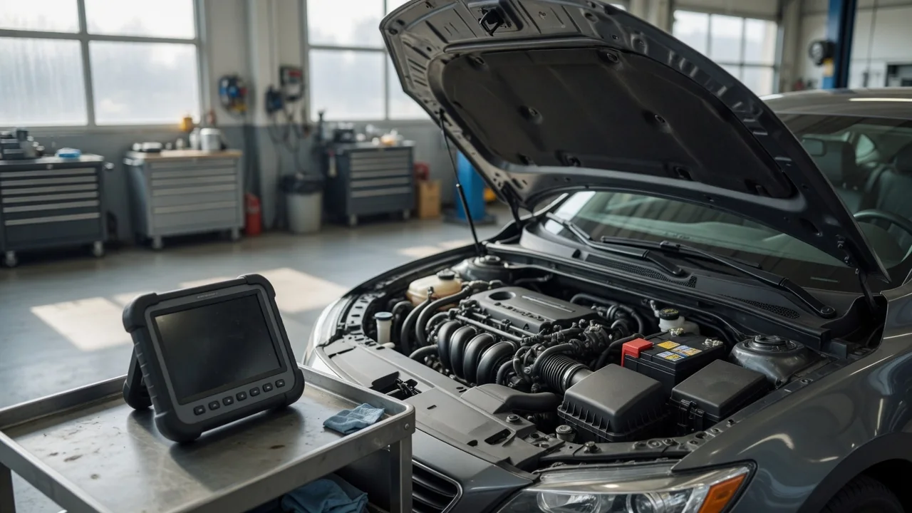 Scan tool beside an engine bay during a fuel pump control circuit diagnosis