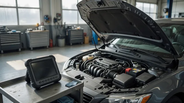 Scan tool beside an engine bay during a fuel pump control circuit diagnosis