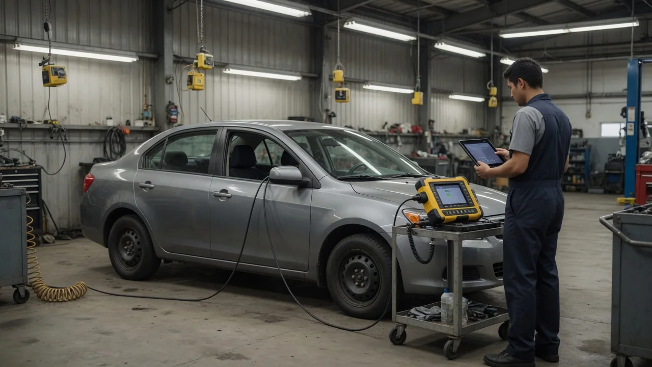 Diagnostic scanner beside a vehicle with a technician reviewing vehicle-specific service information