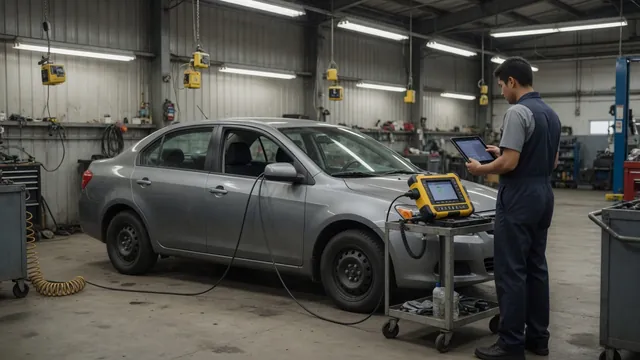 Diagnostic scanner beside a vehicle with a technician reviewing vehicle-specific service information