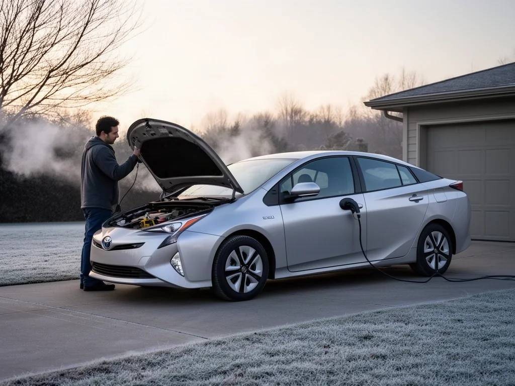 Owner listening at the open hood of a Toyota Prius on a cold morning to check for engine knocking at start-up
