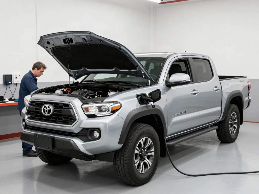 Toyota Tacoma parked in a service bay for an engine timing system inspection