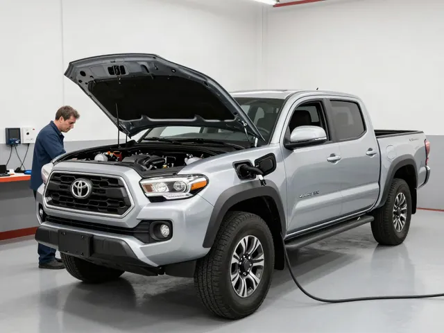 Toyota Tacoma parked in a service bay for an engine timing system inspection