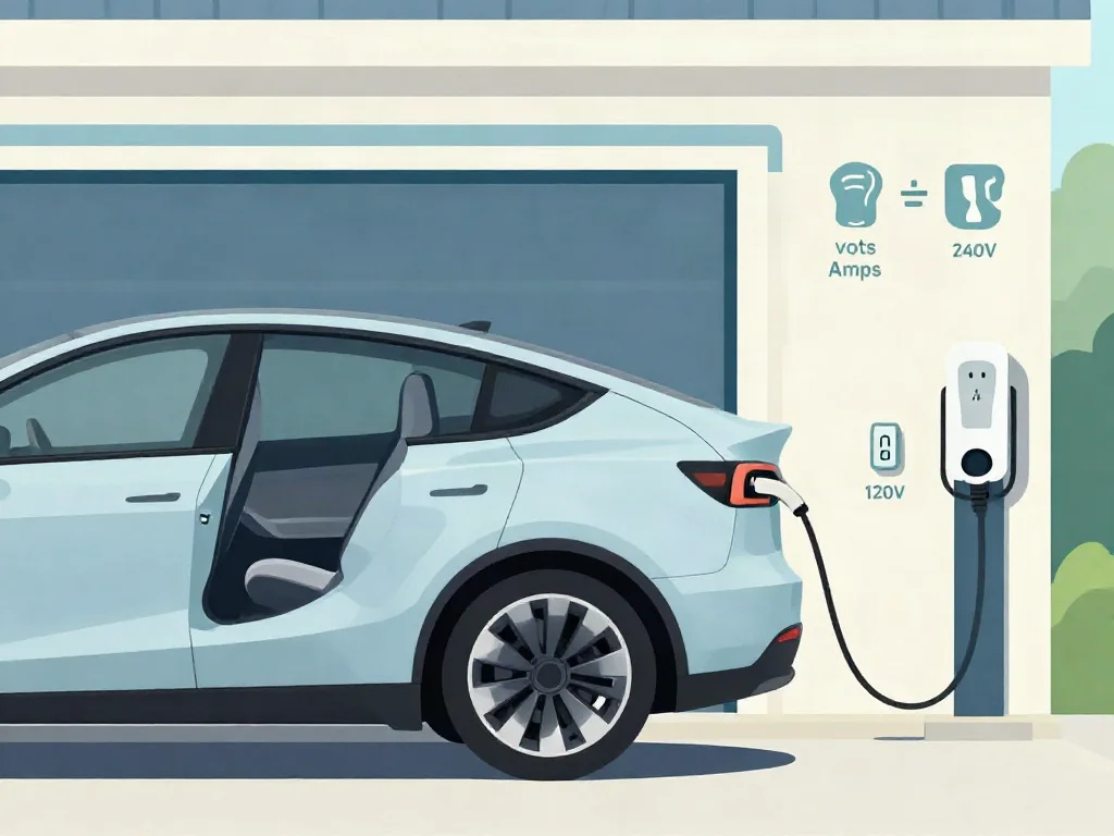 Electric car charging at a home Level 2 station with an infographic comparing volts, amps and watts and 120V versus 240V outlets