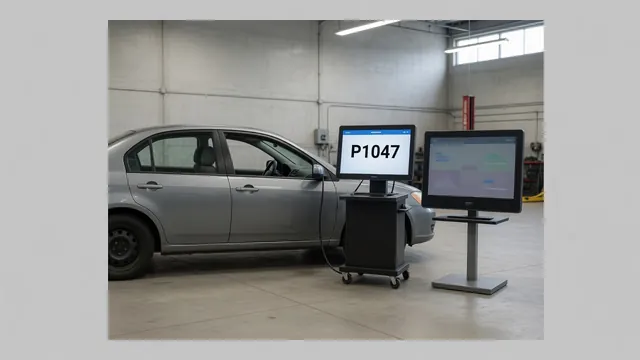 Diagnostic scanner displaying P1047 beside a vehicle information screen in an automotive workshop