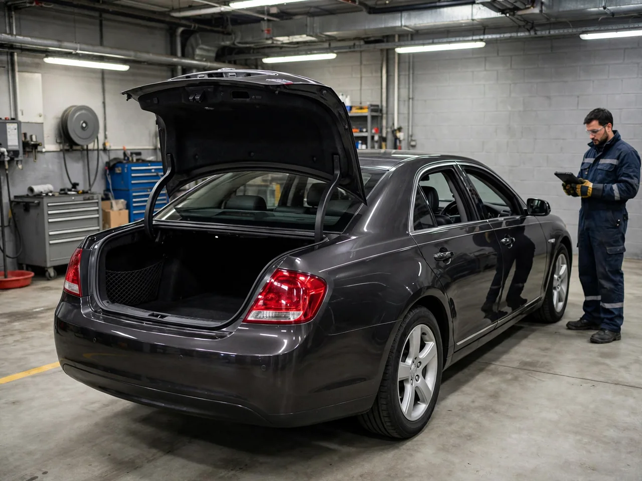 Technician with insulated gloves and a diagnostic tablet next to a midsize sedan with its trunk open in a service bay