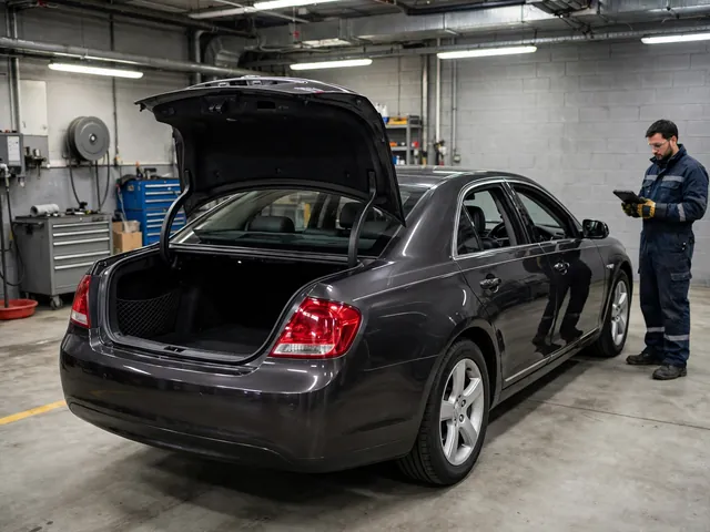 Technician with insulated gloves and a diagnostic tablet next to a midsize sedan with its trunk open in a service bay