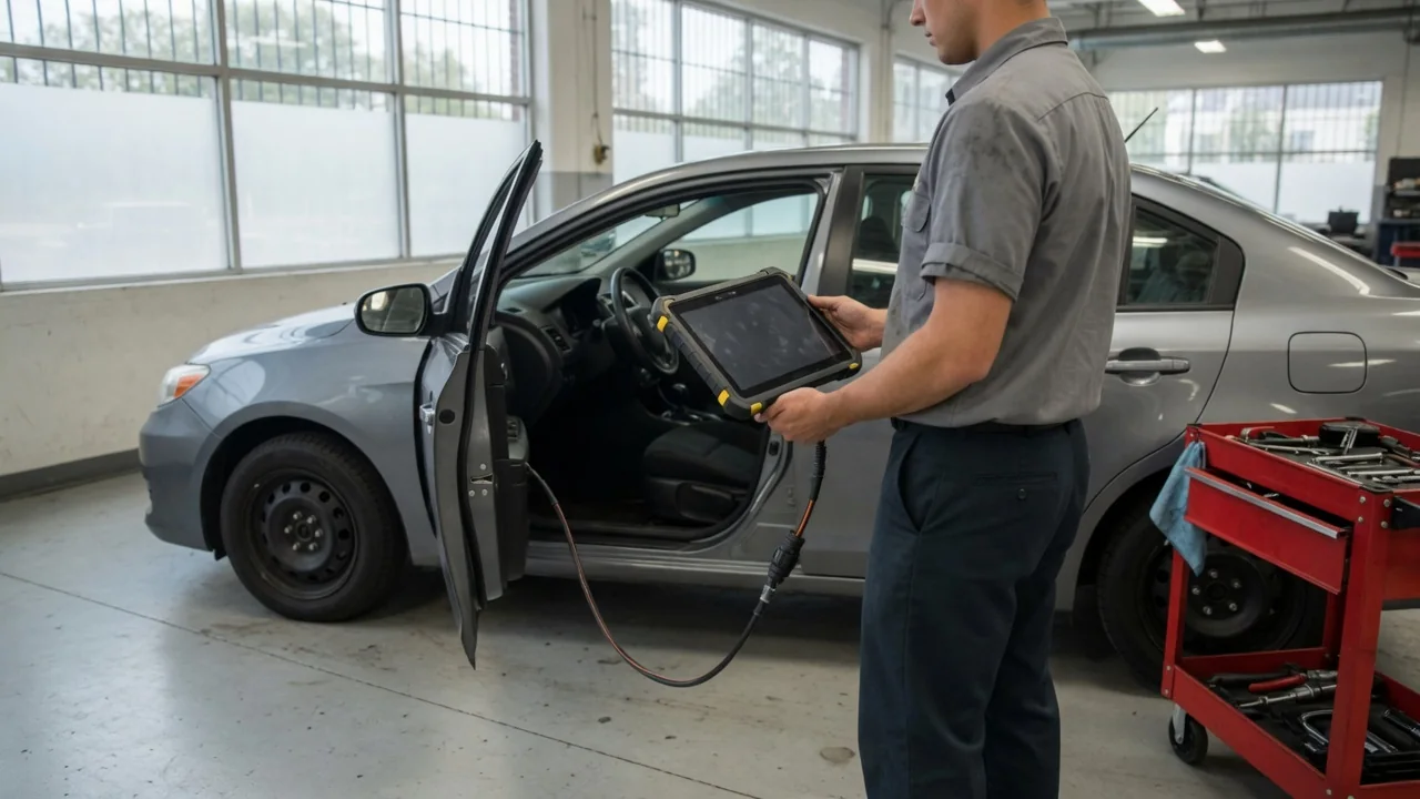 Technician reviewing diagnostic scan results beside a vehicle in an automotive workshop