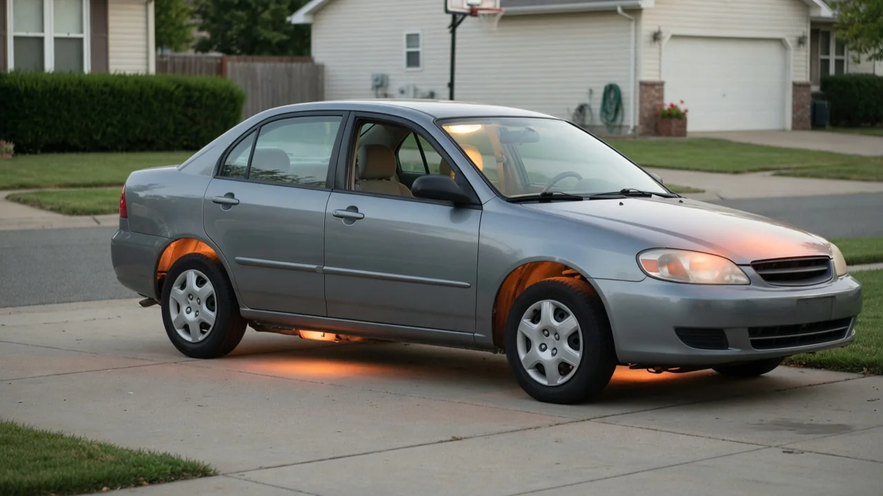 Parked car with highlighted areas around the dashboard, fuel tank, underbody, and engine compartment.
