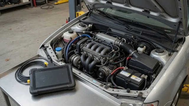 Diagnostic scan tool beside an engine bay with the engine switched off