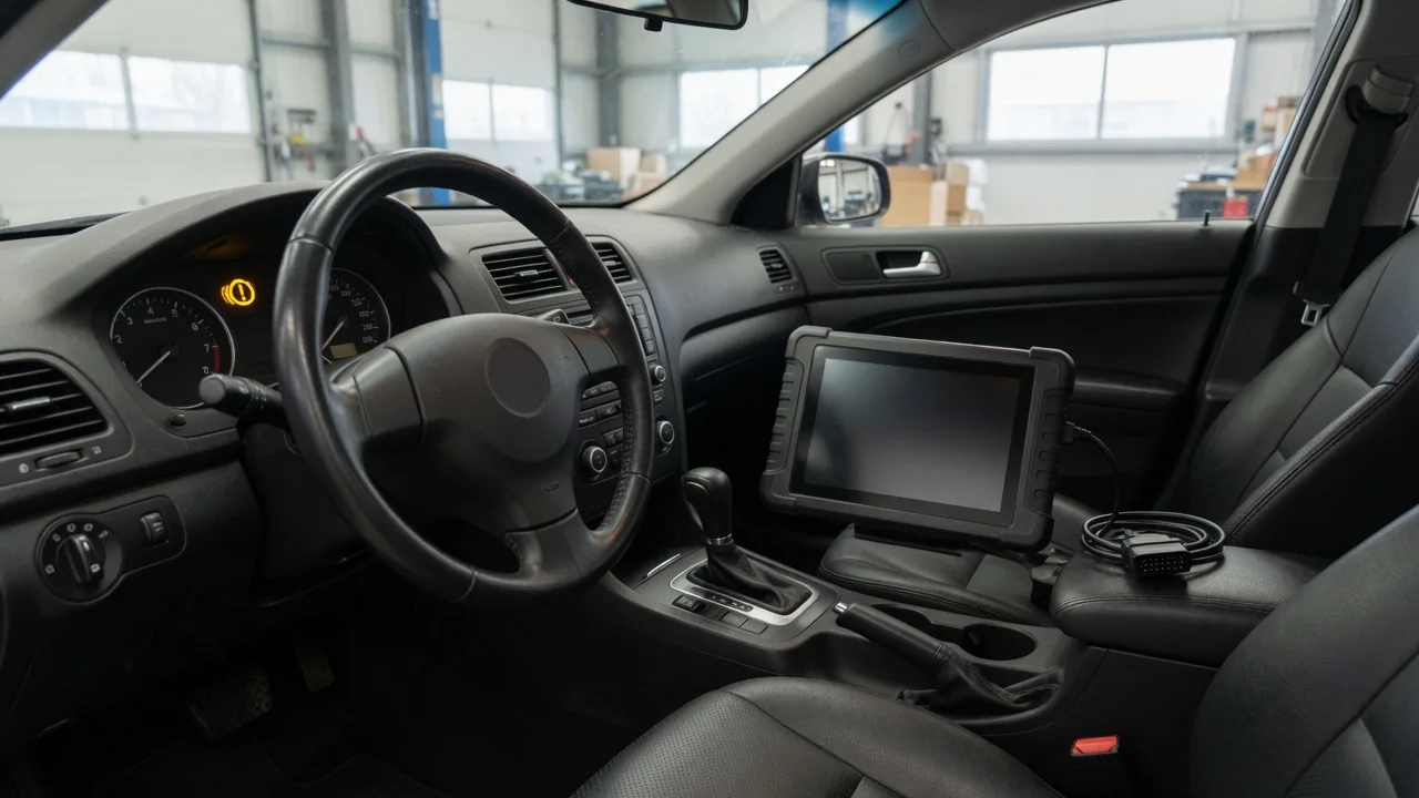 Diagnostic scanner beside a vehicle instrument cluster showing a transmission warning