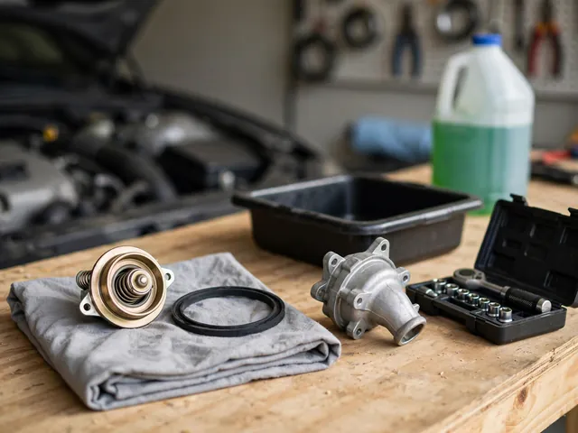 New car thermostat and gasket on a workbench next to a thermostat housing, socket set and coolant drain pan