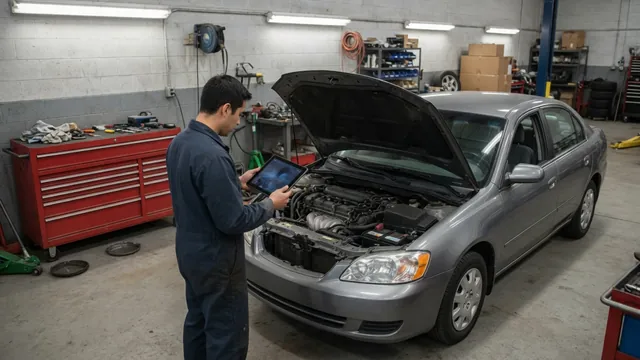 Technician reviewing camshaft timing diagnostic data beside an open engine bay