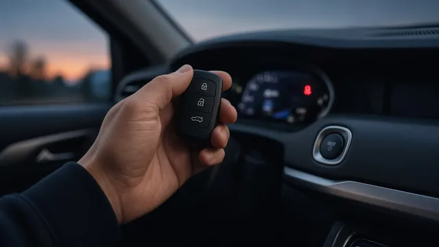 Driver holding a key fob near a push-button start while the dashboard security light is on