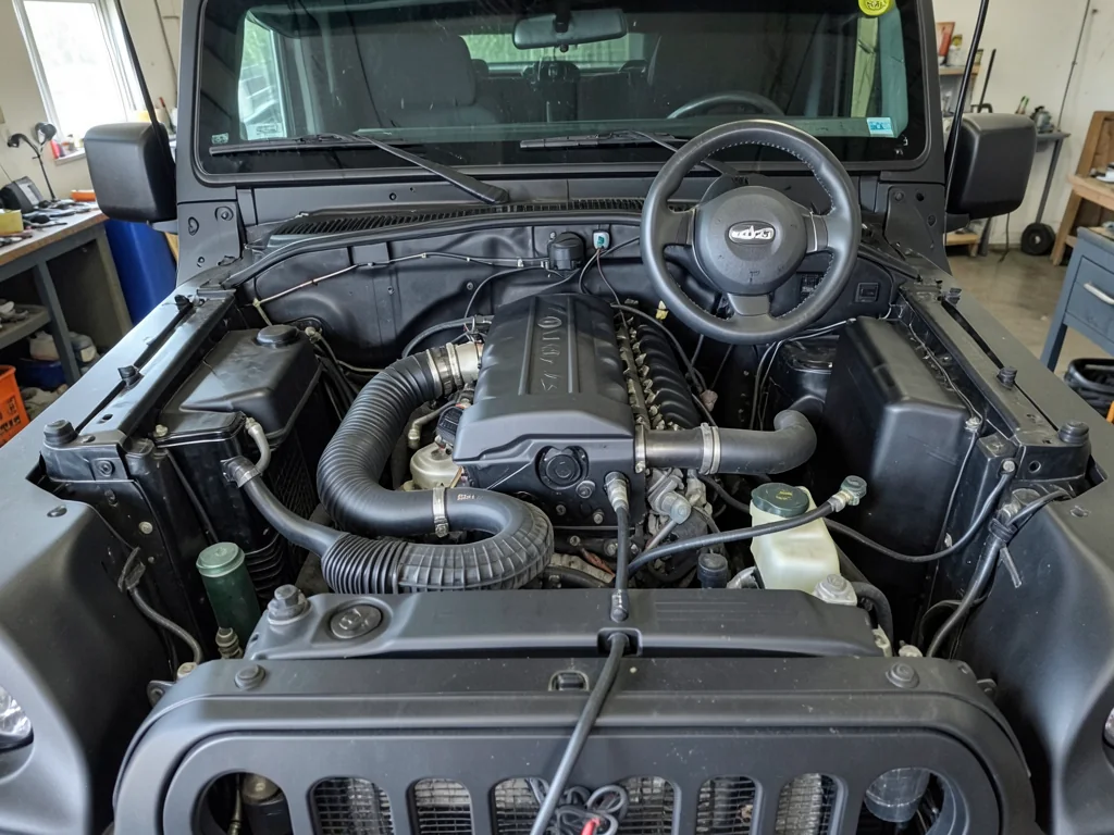 Jeep Wrangler engine bay with a serpentine belt visible around accessory pulleys and the engine off