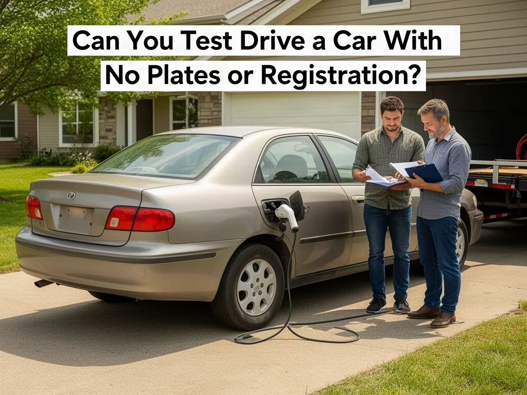 Used sedan with no license plate in a driveway while a buyer and seller look over the sale paperwork