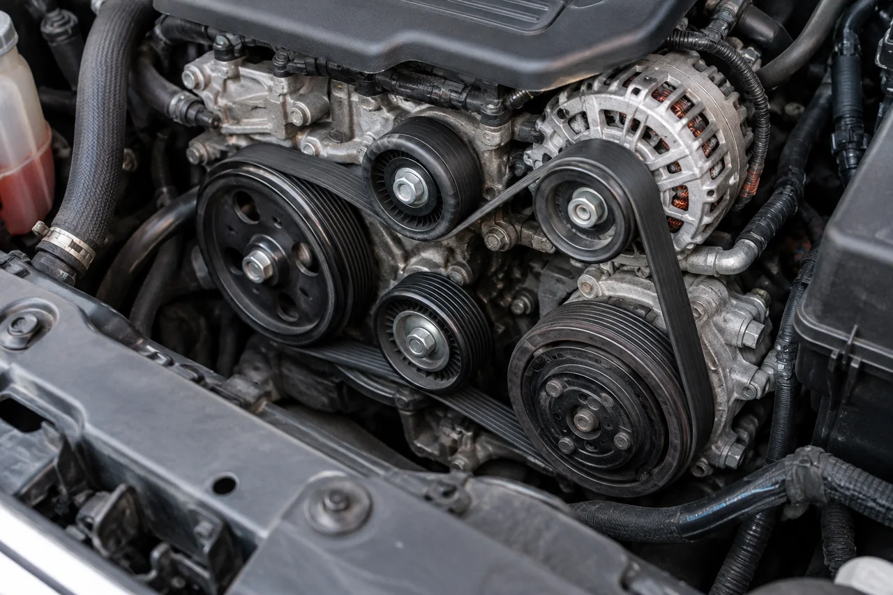 Illustration of a serpentine belt seated on accessory pulleys with the engine switched off