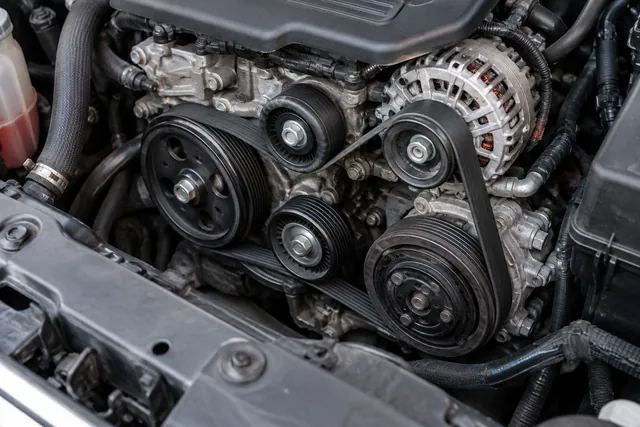 Illustration of a serpentine belt seated on accessory pulleys with the engine switched off