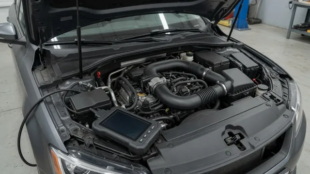 Open engine bay with intake ducting and a diagnostic scan tool displaying sensor data