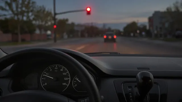 Driver's view of a car idling in Drive at a red light, with the tachometer showing low idle RPM