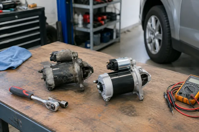 Old and new car starter motors side by side on a workbench with tools and a multimeter