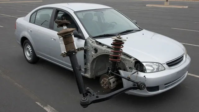 Parked car with a close-up illustration of its strut mount, shock absorber and suspension bushings