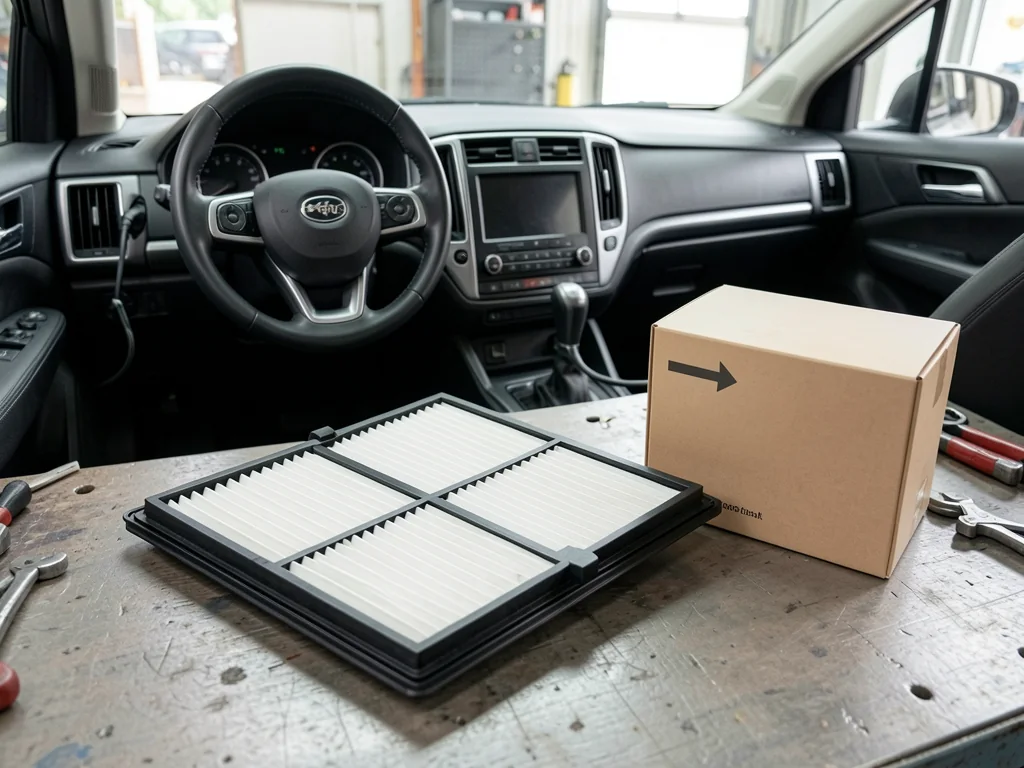 Cabin air filter with pleated media and a sealed frame beside its packaging on a clean workbench