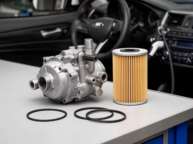 Oil filter housing and separate sealing gaskets arranged on a clean automotive workbench