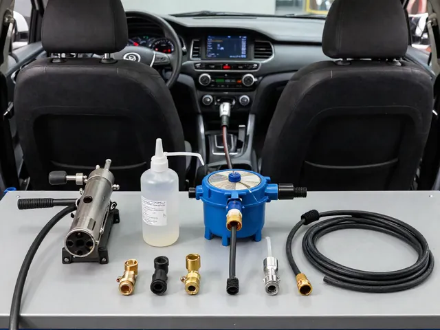 Unbranded brake fluid service tools with a catch bottle, vacuum pump, pressure tank, and reservoir adapters
