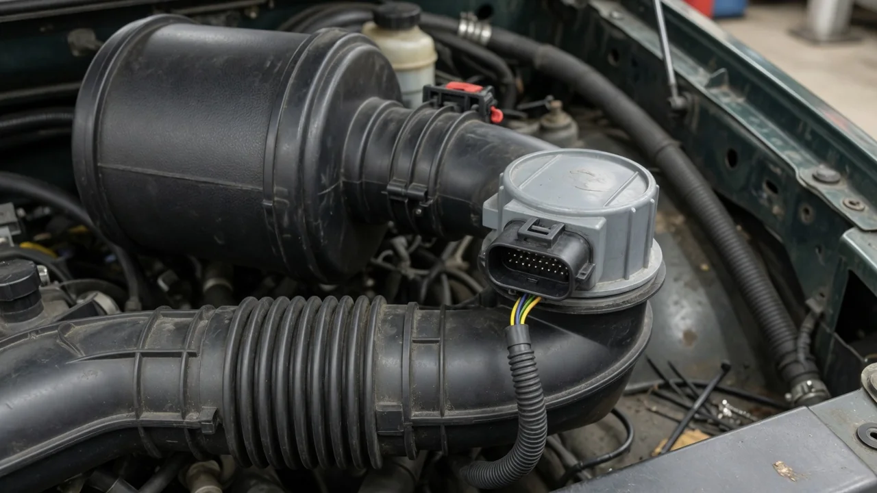Illustration of a diesel intake duct with the mass air flow sensor and electrical connector highlighted