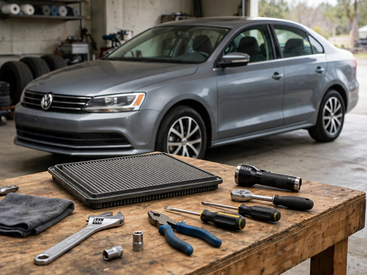 Cabin air filter and basic hand tools prepared for Volkswagen Jetta maintenance