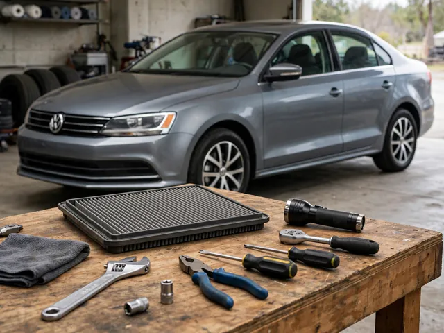 Cabin air filter and basic hand tools prepared for Volkswagen Jetta maintenance