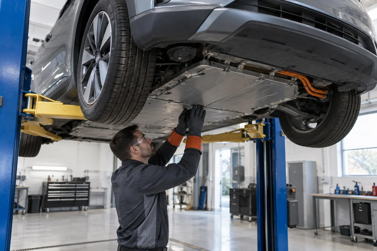 Technician in insulated gloves inspecting the underbody battery pack of a compact electric crossover on a service lift