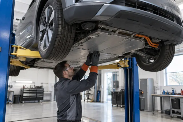 Technician in insulated gloves inspecting the underbody battery pack of a compact electric crossover on a service lift