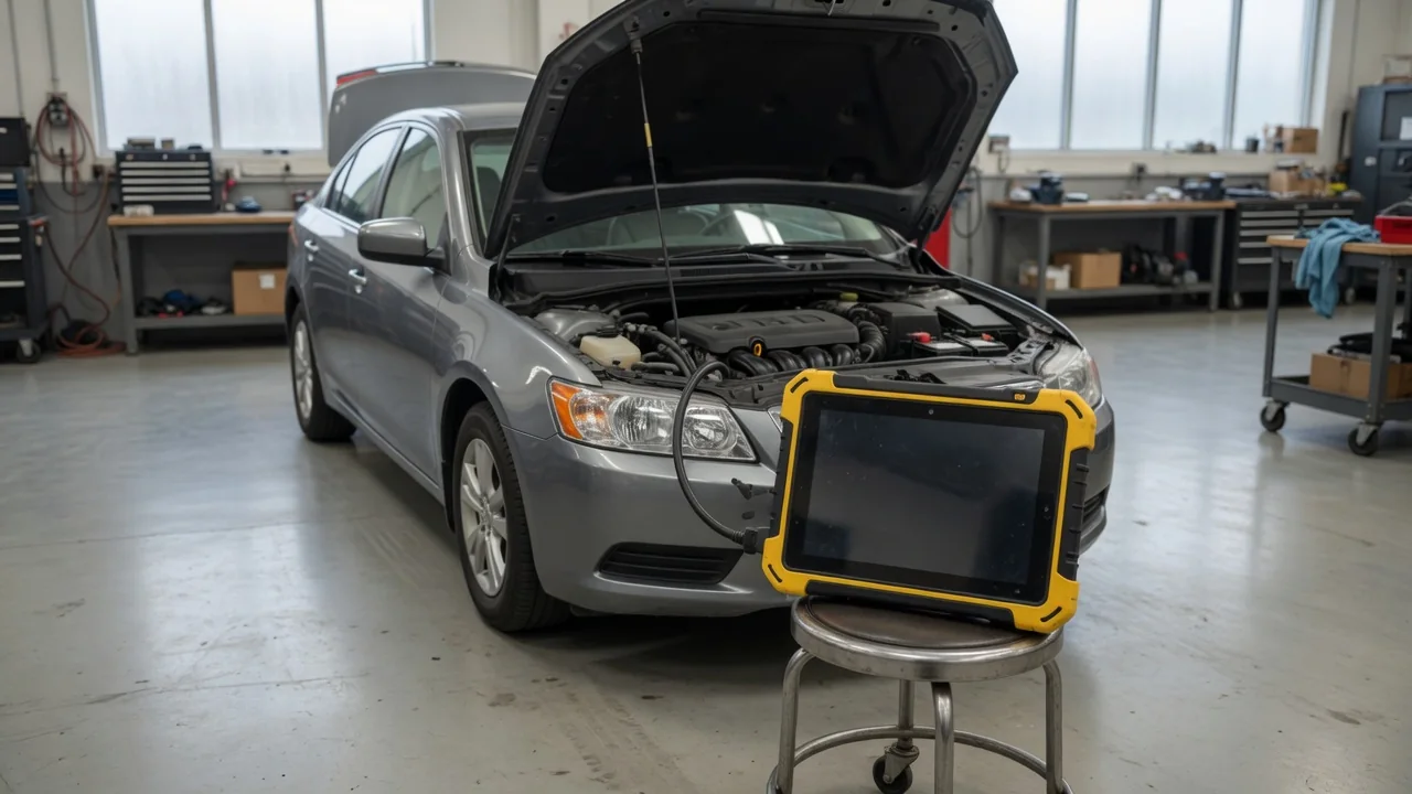Diagnostic scan tool beside a parked vehicle with its hood open