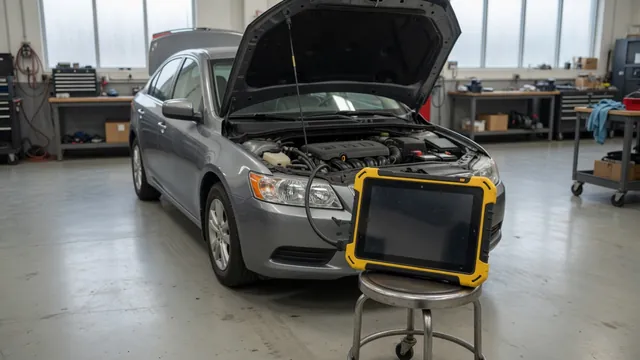 Diagnostic scan tool beside a parked vehicle with its hood open