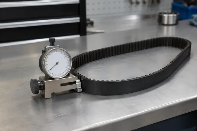 Timing belt tension gauge beside a toothed timing belt on a clean workshop bench