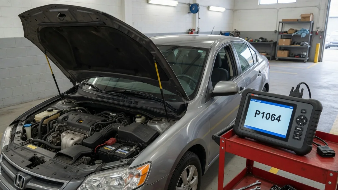 Diagnostic scanner displaying P1064 beside a vehicle with its hood open in a repair shop