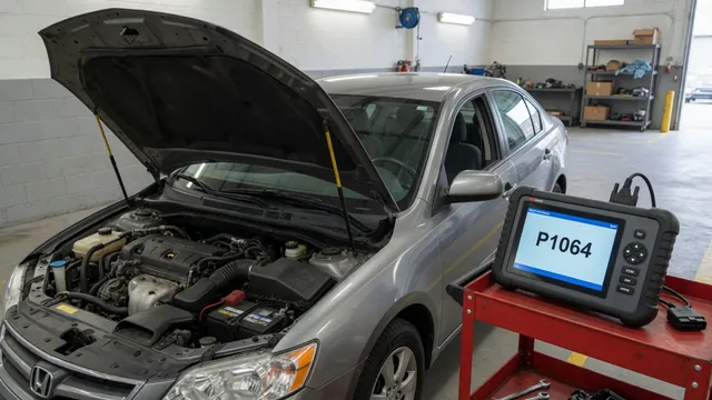 Diagnostic scanner displaying P1064 beside a vehicle with its hood open in a repair shop