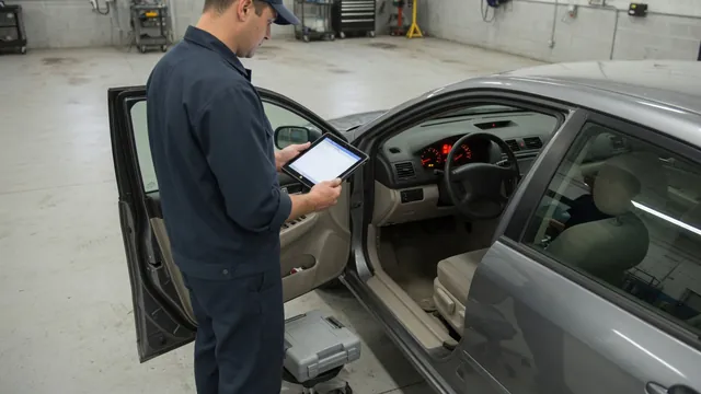Technician reviewing diagnostic information beside a vehicle with an illuminated airbag warning light