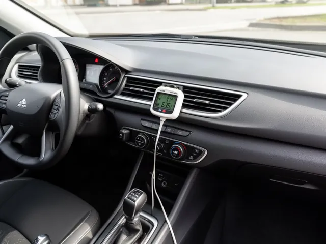 A thermometer at a car dashboard vent during an air conditioning performance check