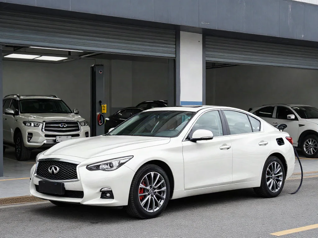 Infiniti Q50 and QX60 parked outside an automotive service shop