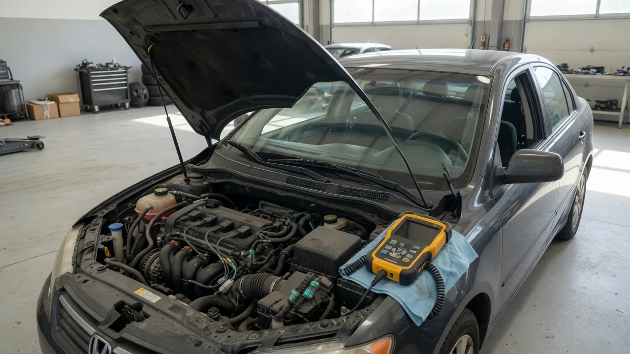 Ignition coils and wiring connectors on an engine with a diagnostic scan tool nearby