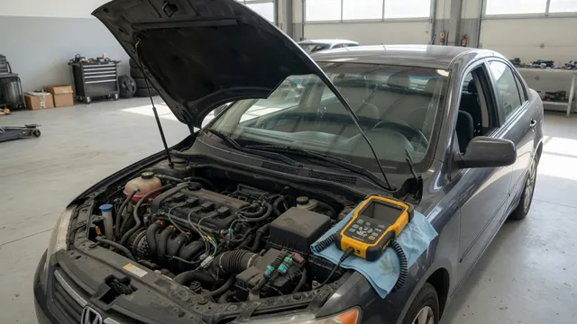 Ignition coils and wiring connectors on an engine with a diagnostic scan tool nearby