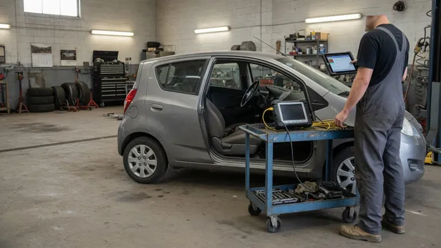 Diagnostic scanner beside a vehicle with a technician reviewing fault information