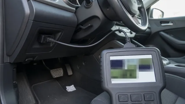 OBD-II scan tool plugged into a car's diagnostic port, showing a trouble code reading